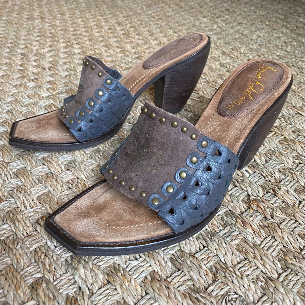 SAM EDELMAN Golden Eagle Woven Leather Mules Stacked Heel Sandals Square Toe 9.5